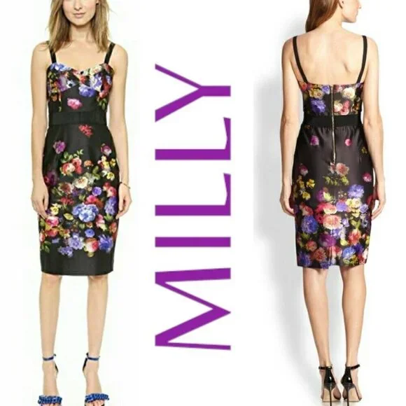 NWT MILLY Black Floral Print Strappy Bustier Sheath Square Neck Cocktail Dress 6